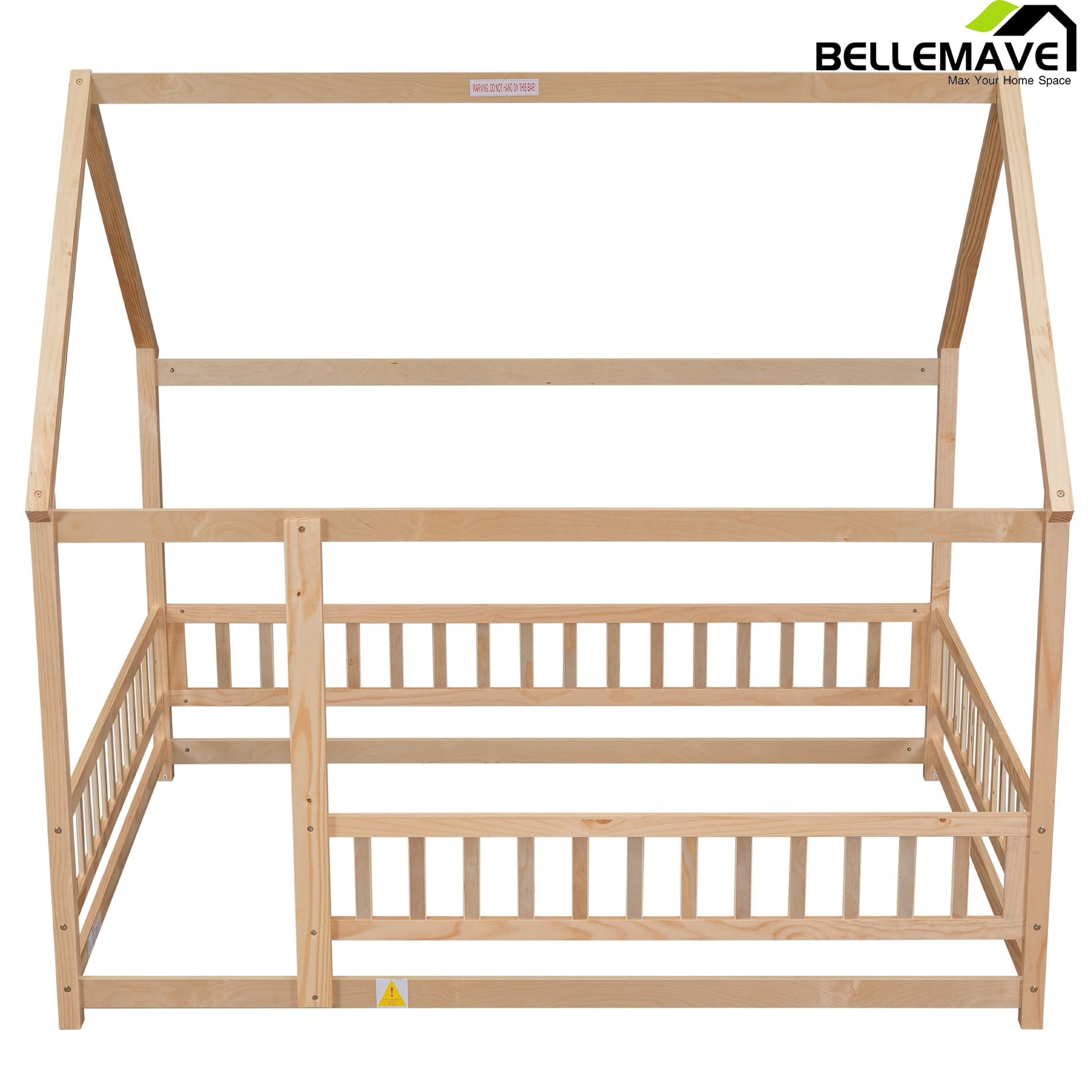 Bellemave Full Floor Bed, Wood Full Size House Bed Frame with Fence, Montessori Floor Bed for Bedroom（Natural)