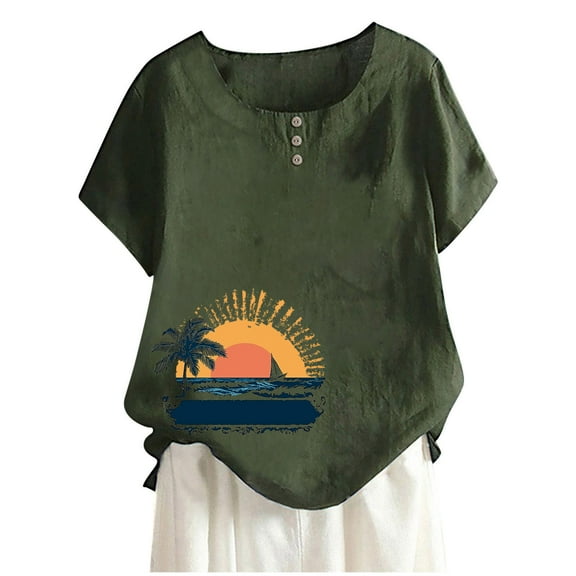 ZQUUVOU Womens T-Shirts Casual Short Sleeve Round Neck Printed Button Loose Fit Tops(Olive Green,2XL)