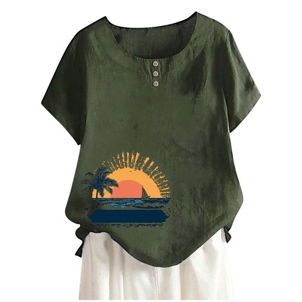 Camisas de Manga Corta para las Mujeres Blusas de Impresión Casual Botón Cuello Redondo, Top de Verano Ligero para el Día Y el Trabajo