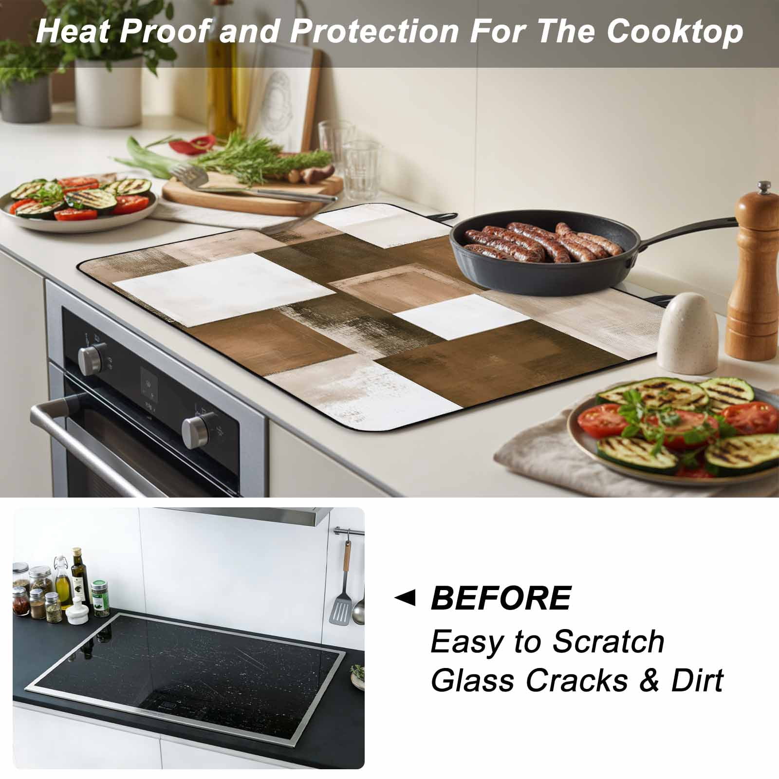 Brown Geometric Stove Top Cover for Electric Stove, Heat-proof & Non Slip Glass Top Stove Cover Protector, Vintage Oil Painting Contemporary Kitchen Flat Cooktop Rubber Mat 24x21 Inches