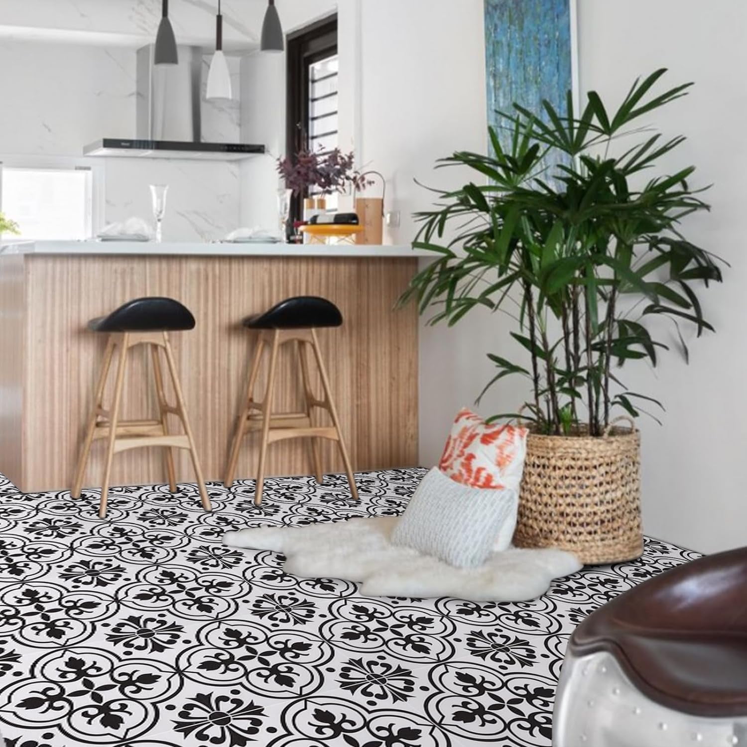 Lxcreat 20 Pcs Peel and Stick Floor Tile Flooring Black and White Flower, Vinyl Flooring 11.8-in x 11.8-in Self-Adhesive Removable for Bathroom/Kitchen