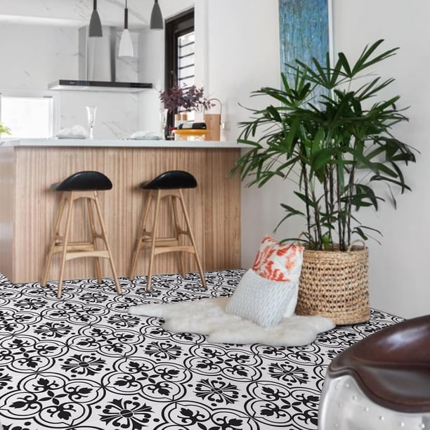 Vic_space1 Peel & Stick Vinyl Floor Tiles - Solid Black & White - 20 Pack