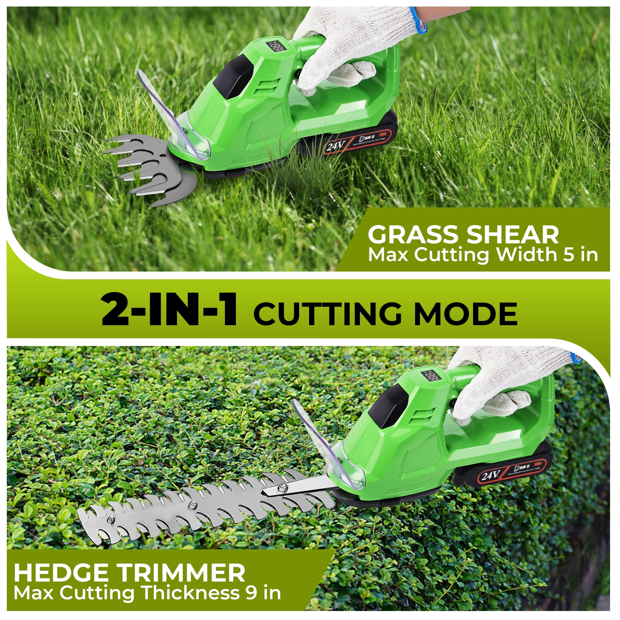 HOTREE Cordless Hedge Trimmer, Grass Shear, 2-in-1 25000 RPM, Battery Level Indicator, for Shrubs, Gardens, Patios, and Lawns