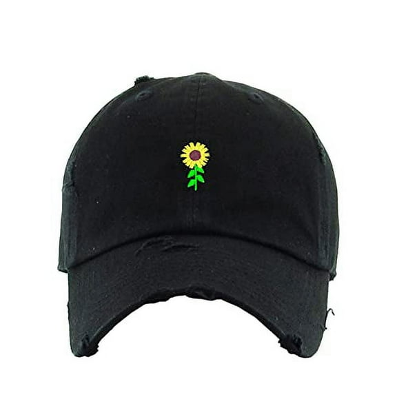 Sunflower Vintage Baseball Cap Embroidered Cotton Adjustable Distressed Dad Hat Black