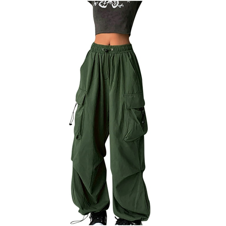 JWZUY Parachute Pants for Womens Wide Leg Cargo Pants Y2k with Pockets  Baggy Casual Harajuku Streetwear 4-Green Medium