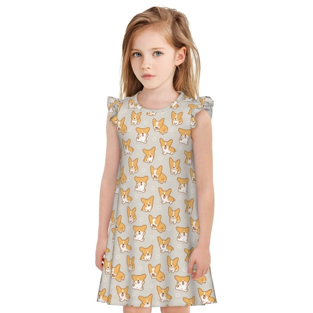 Fotbe Corgi Dog Vestido de Dormir para Niñas de 3 a 10 Años, Mangas Cortas, Estilo Princesa, Pijama Camisón con Mangas Voladas-Small