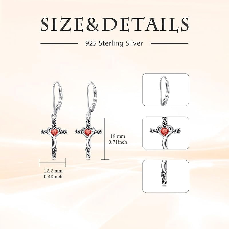 JKR Birthstone Cross Earrings 925 Sterling Silver Heart Cross Dangle Drop Earrings Fine Jewelry Birthday Gifts for Women Her Girlfriend