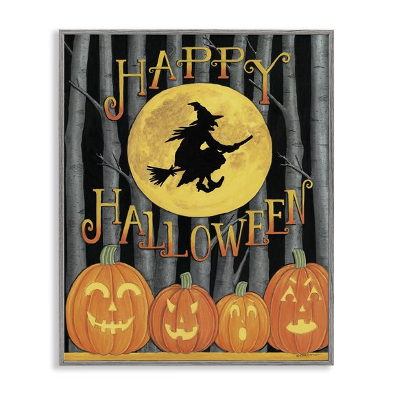 Stupell Industries Eclectic Happy Halloween Forest Witch Gray Framed Giclee Art, 16 x 20, by Deb Strain