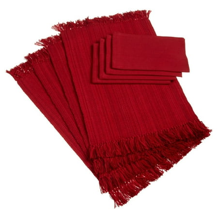 FRINGE VARIGATED PLACEMAT & NAPKIN RED Set of 8