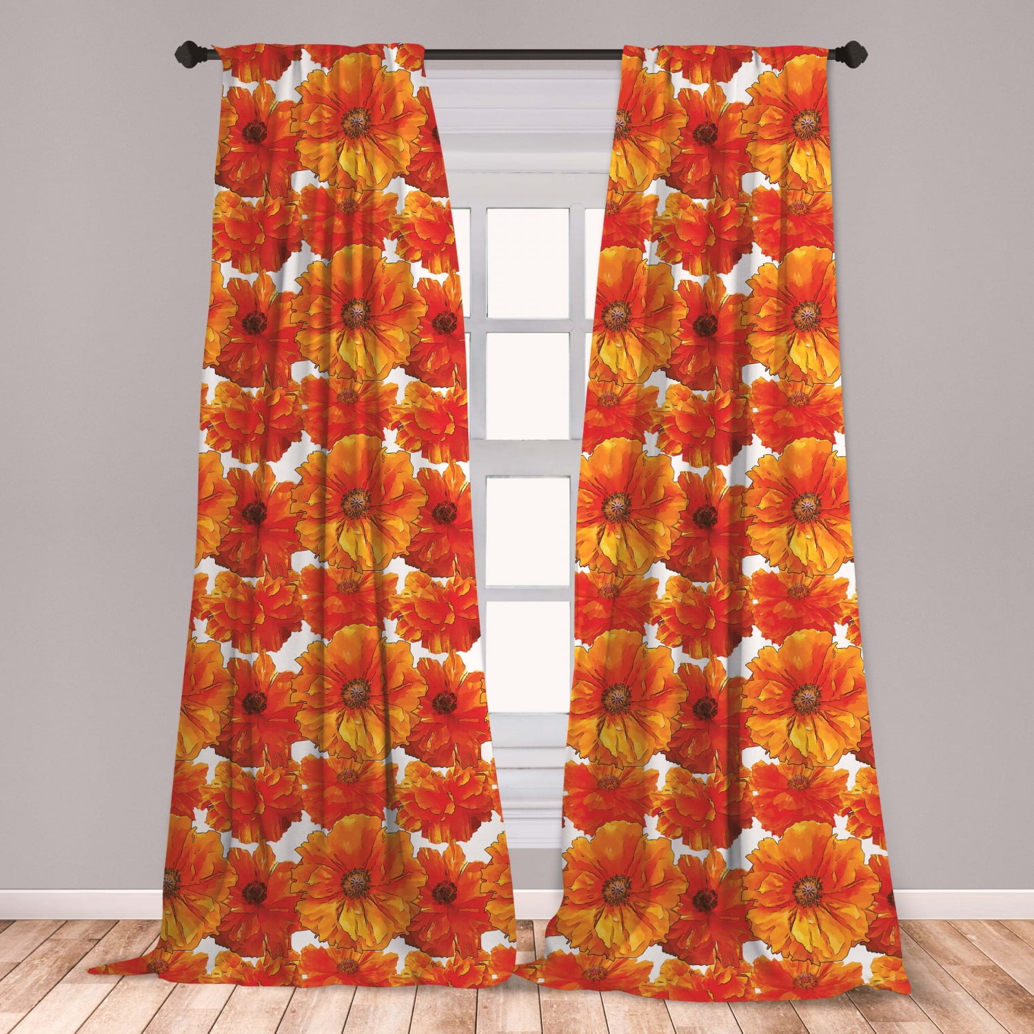 Orange Curtains 2 Panels Set, Big Flourishing Bohemian Poppies on the