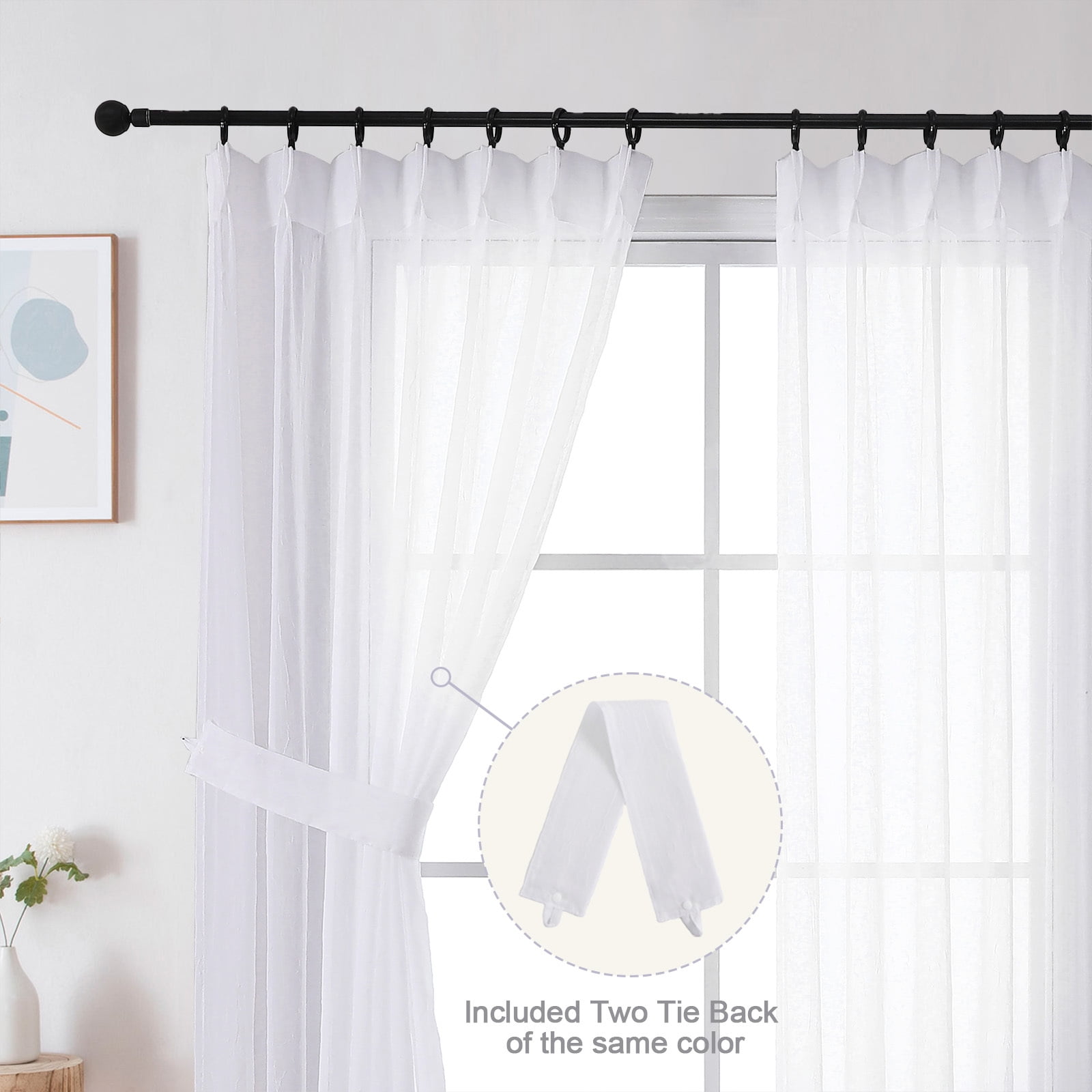 OVZME Crushed White Sheer Curtains 108inches Long 2 Panels,Extra Wide Light Filtering Pinch Pleated Sheer Drapes for Living Room, Bedroom,60"Wx108"L White