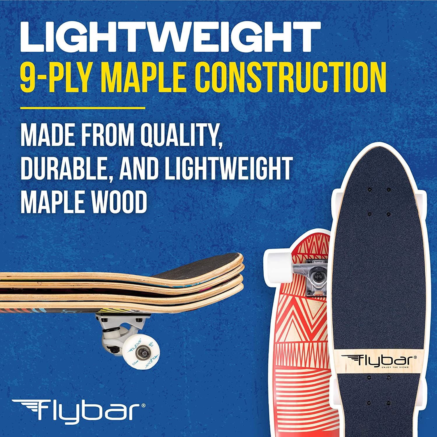 Flybar 27.5” Grip Tape Cruiser Skateboard With 60mm x 40mm Wheels - Aztec Wood