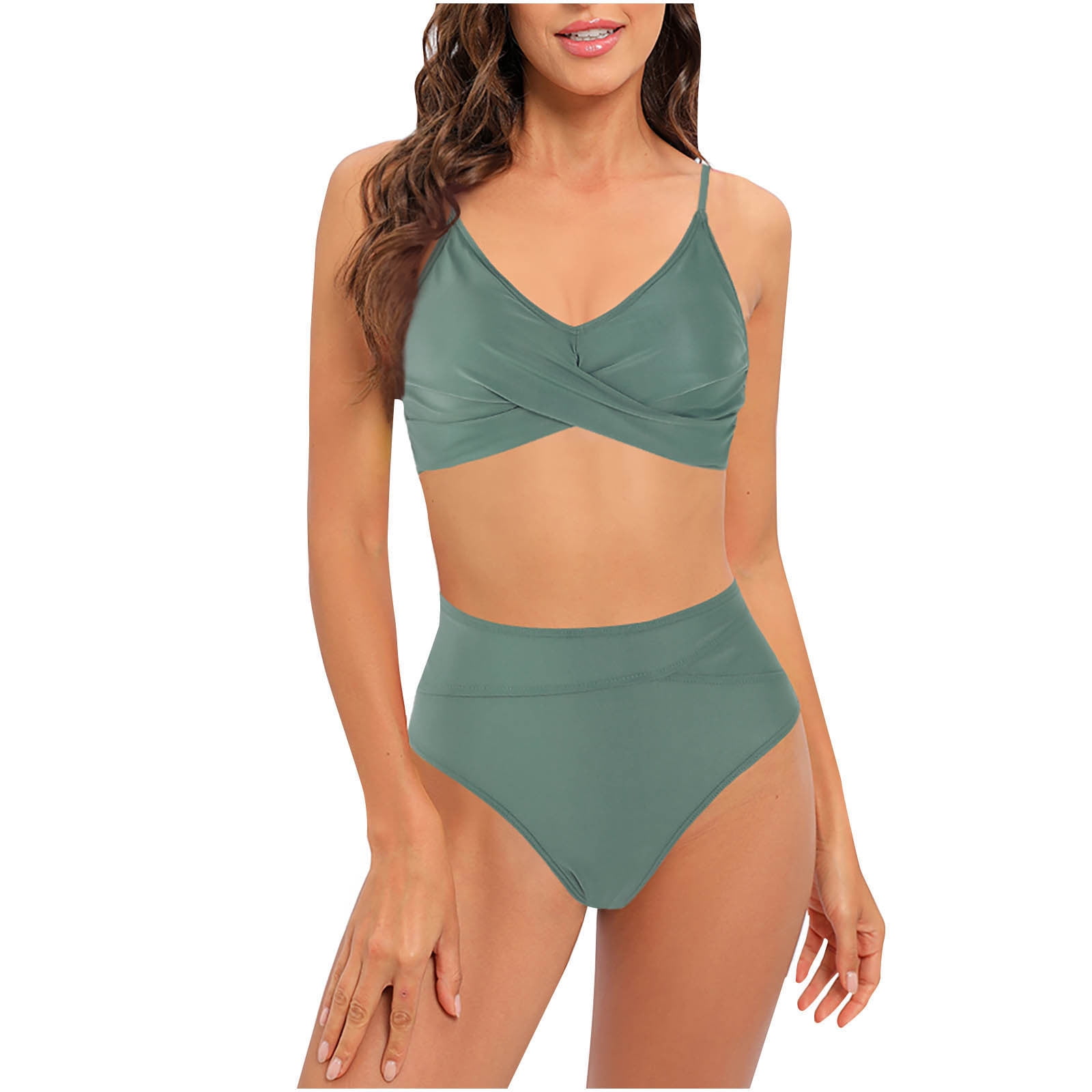 Cethrio Thong Bikini Swimsuit for Women- Summer Split Solid Sexy High Waist  Open Back Swimwear Army Green 