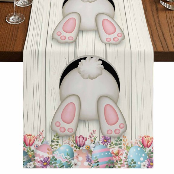 Table Runners 60 Inches Long Dress Scarves, Easter Bunny Farmhouse Kitchen Table Runner, Small Coffee Tablerunners, Colorful Eggs Cute Rabbit Grey Country Wooden 13x60 Inch