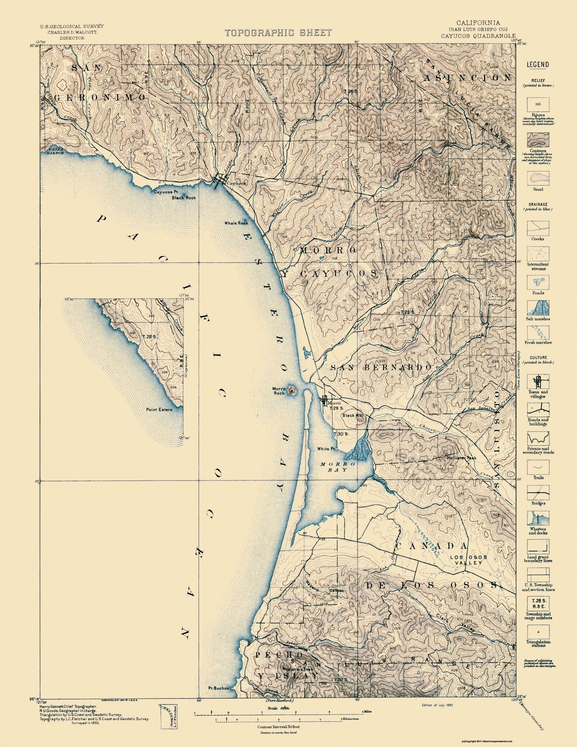 Topo Map Cayucos California Quad USGS 1897 23 x 29.75 Glossy