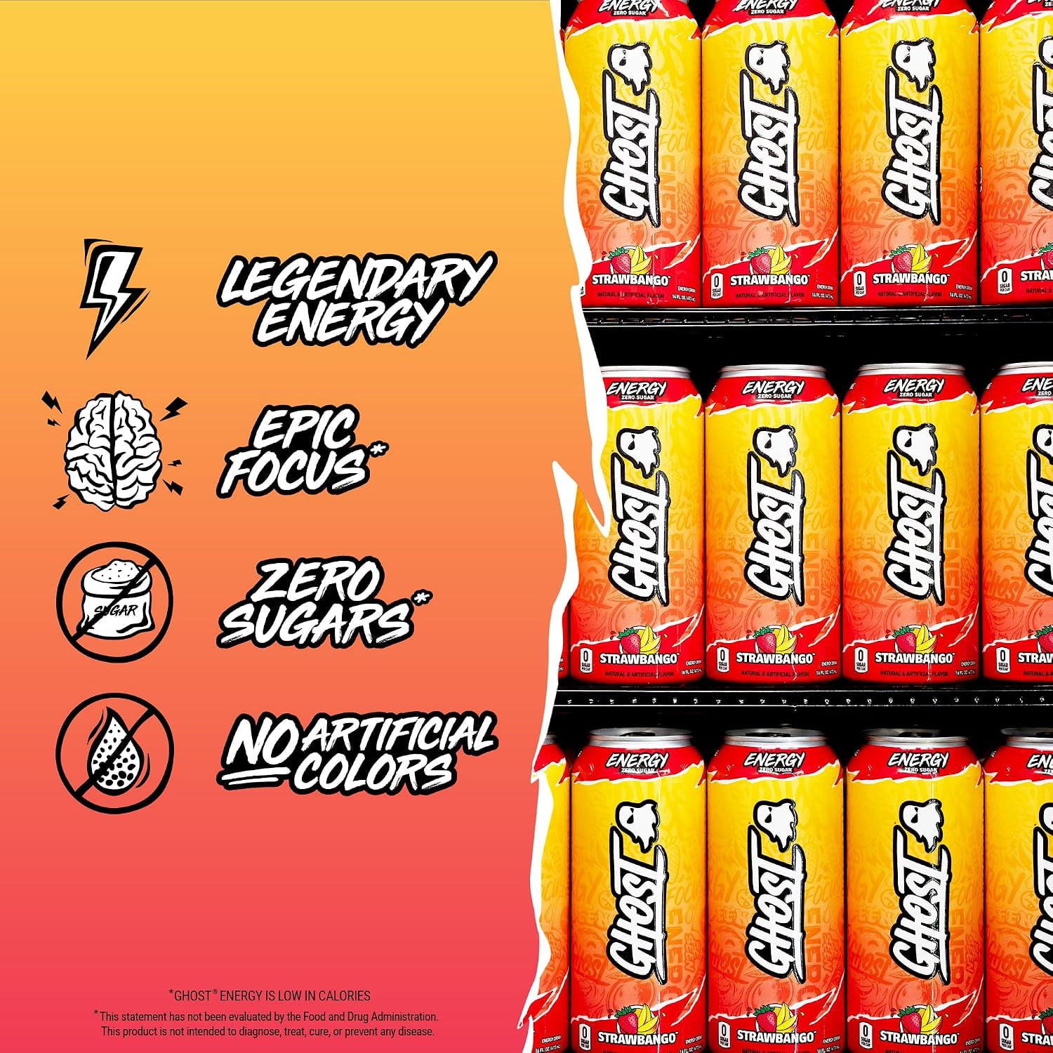 (5 pack) GHOST® ENERGY Zero Sugars Energy Drink, Strawbango, 200mg Natural Caffeine, 16 fl oz Can