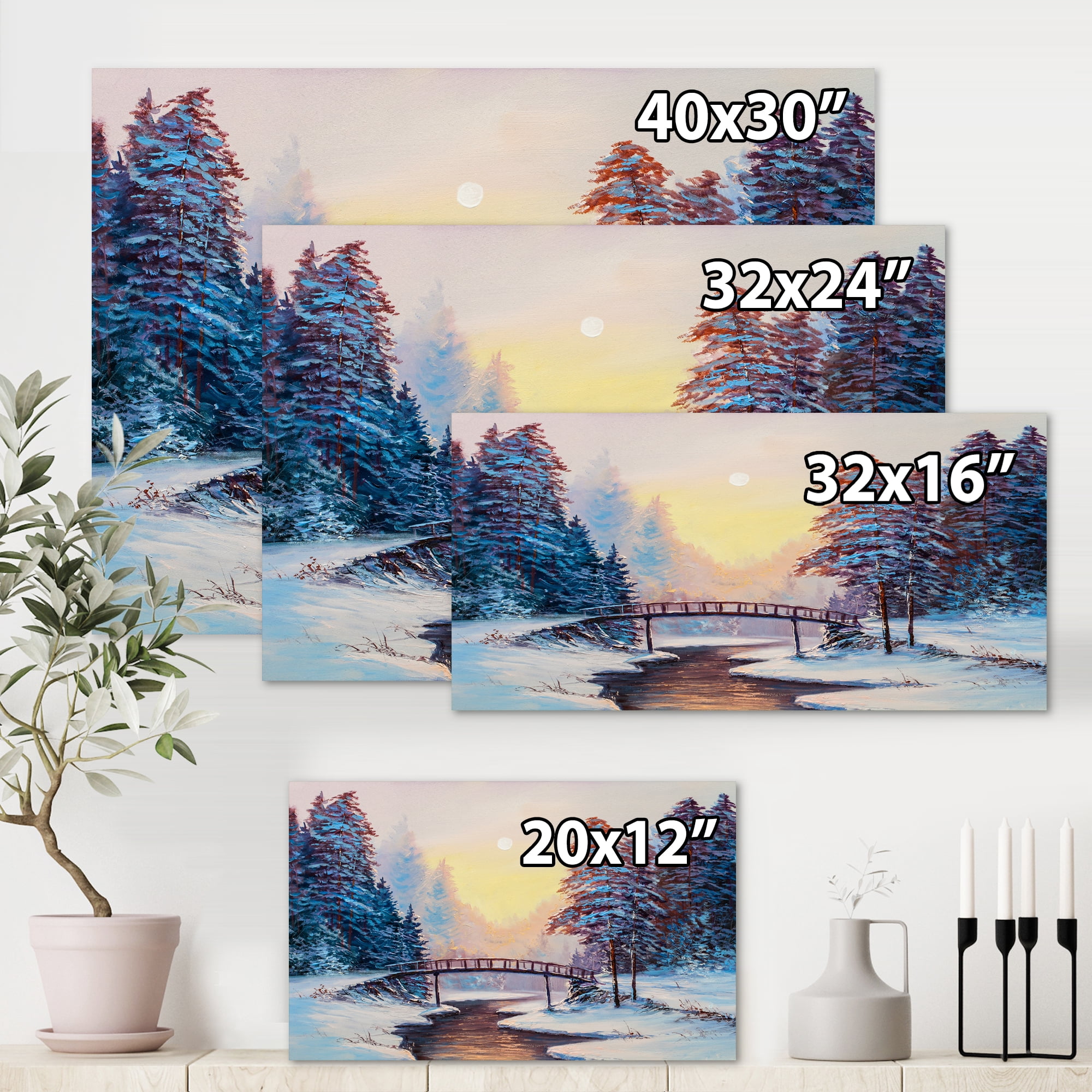 Designart ' Snow Covered Landscape and Little Bridge ' Traditional Canvas Wall Art Print