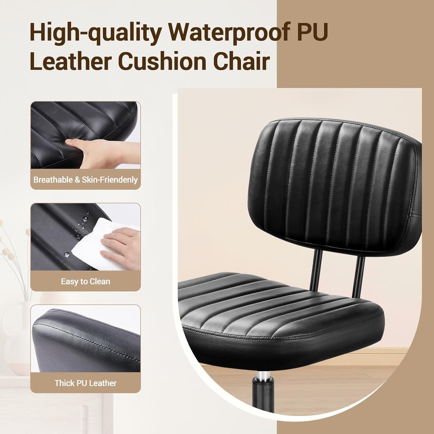 QUIOCOZY Home Office Desk Chair with Low Back and Wheels PU Leather Computer Chair Ergonomic Adjustable Height Comfy Chair Armless with Swivel Rolling Vanity Chairs for Bedroom Adult Black