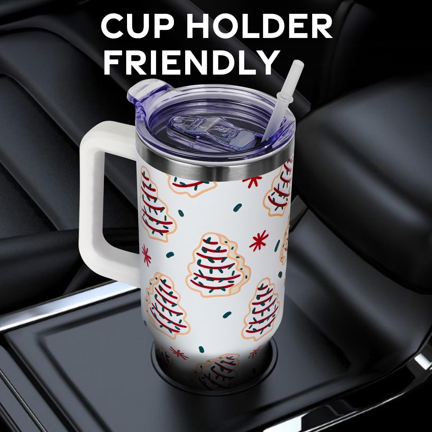 Christmas Gifts 40 oz Tumbler with Handle and Straw Lid,Cute Gifts for Women Christmas Tree Snack Cake Vacuum Insulated Leak Proof Tumbler,Winter Holiday Accessories Stainless Steel Coffee Cup Mug