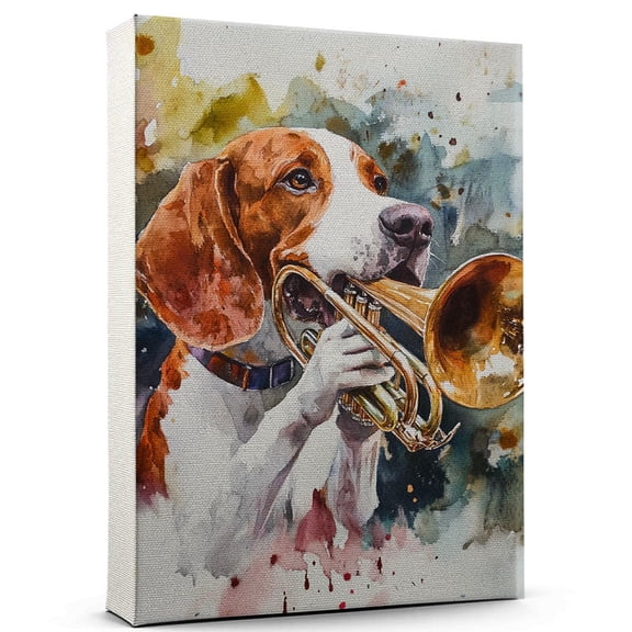 Treeing Walker Coonhound Dog Stretched Canvas Size 8x12 – Trumpet Theme Dog Art for Wall, Treeing Walker Coonhound Dog Playing Trumpet Wall Art, Dog Lover Canvas Decor