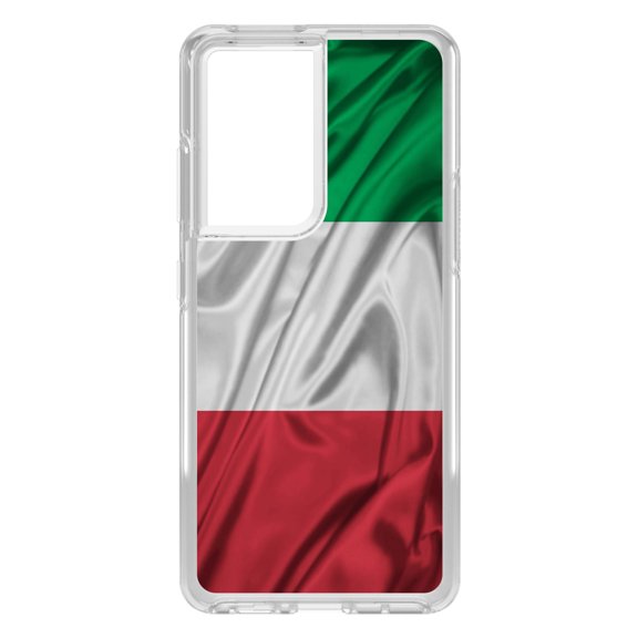 DistinctInk Clear Shockproof Hybrid Case for Galaxy S21 ULTRA 5G (6.8" Screen) - TPU Bumper, Acrylic Back, Tempered Glass Screen Protector - Italian Flag Italy Waving Red White Green - Italy