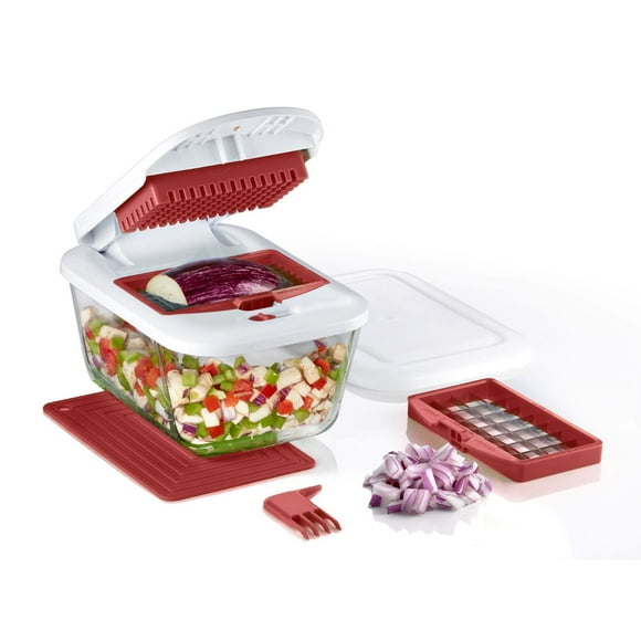 Valore Vegetable Chopper with 11-Cup Glass Baking Dish/Food Container and 2 Stainless Steel Cutting Blades - Heavy Duty Large Food Chopper French Fry Cutter for Fruits & Vegetables