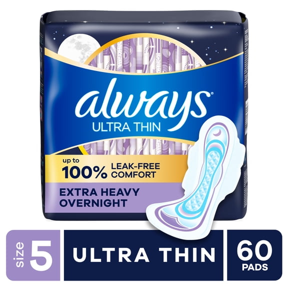 Always Ultra Thin Pads with Wings, Size 5, Extra Heavy Overnight Absorbency, 60 Count