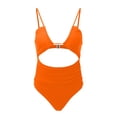 thumbnail image 4 of VNKIDY Womens Solid Color Hollow Out One Piece Swimsuit Spaghetti Strap V Neck Ruched Waist High Cut Swimsuit For Summer Beach Wear Orange XXL, 4 of 5