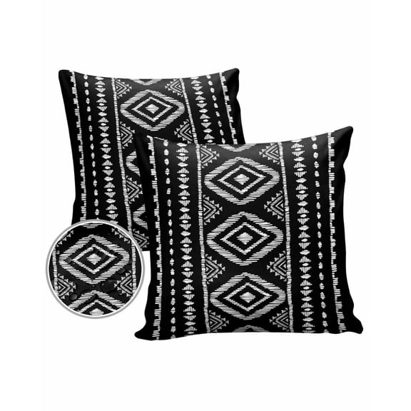 Pack of 2 Outdoor Pillow Covers, Boho White Geometric Striped Farmhouse Style Black Waterproof Square Throw Pillowcase Cushion Decorative Pillow Covers for Couch Patio Tent, 18x18 in