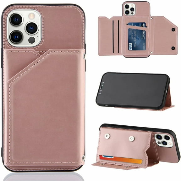 Creative Business PU Leather Phone Case for iPhone 15 Pro Max Plus with Card Holder Case, Card Slots Bracket Function Durable Shockproof Cover Rose Gold