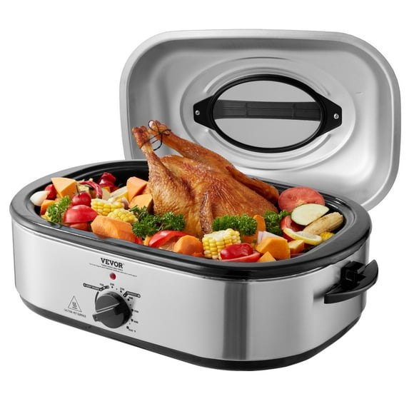 VEVOR Electric Roaster Oven, 22 lb 18-QT Turkey Roaster Oven with Self-Basting Lid, Roaster Oven with Removable Pan, Defrost & Warm Function, Adjustable Temperature, Visible & Self-basting Lid, Silver