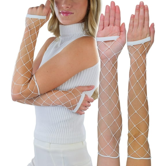 ToBeInStyle Womens Big Diamond Net Fingerless Long Arm Warmers Rave Gloves - White