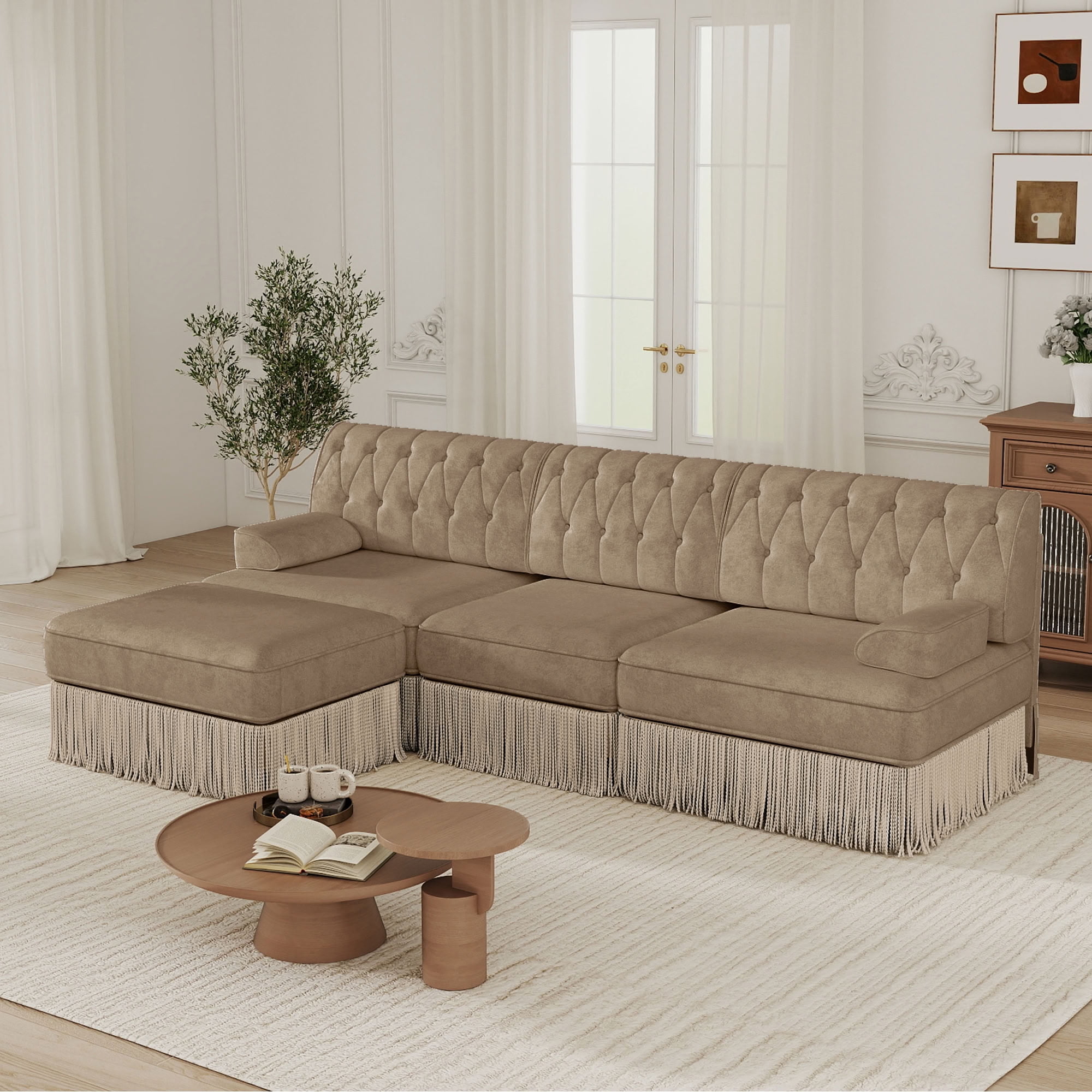 MAYEERTY 3-Seater Cloud Sectional Sofa, Chesterfield Modular Couch with Ottoman, Solid Wood Base for Living Room & Home Study