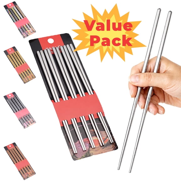 Metal Chopsticks 5 Pairs - Reusable 304 Stainless Steel Chopsticks Dishwasher Safe, Non-Slip Lightweight Chop Sticks, Korean Japanese Chinese Chop Sticks Gift Set, Multicolor, Ccwuwei