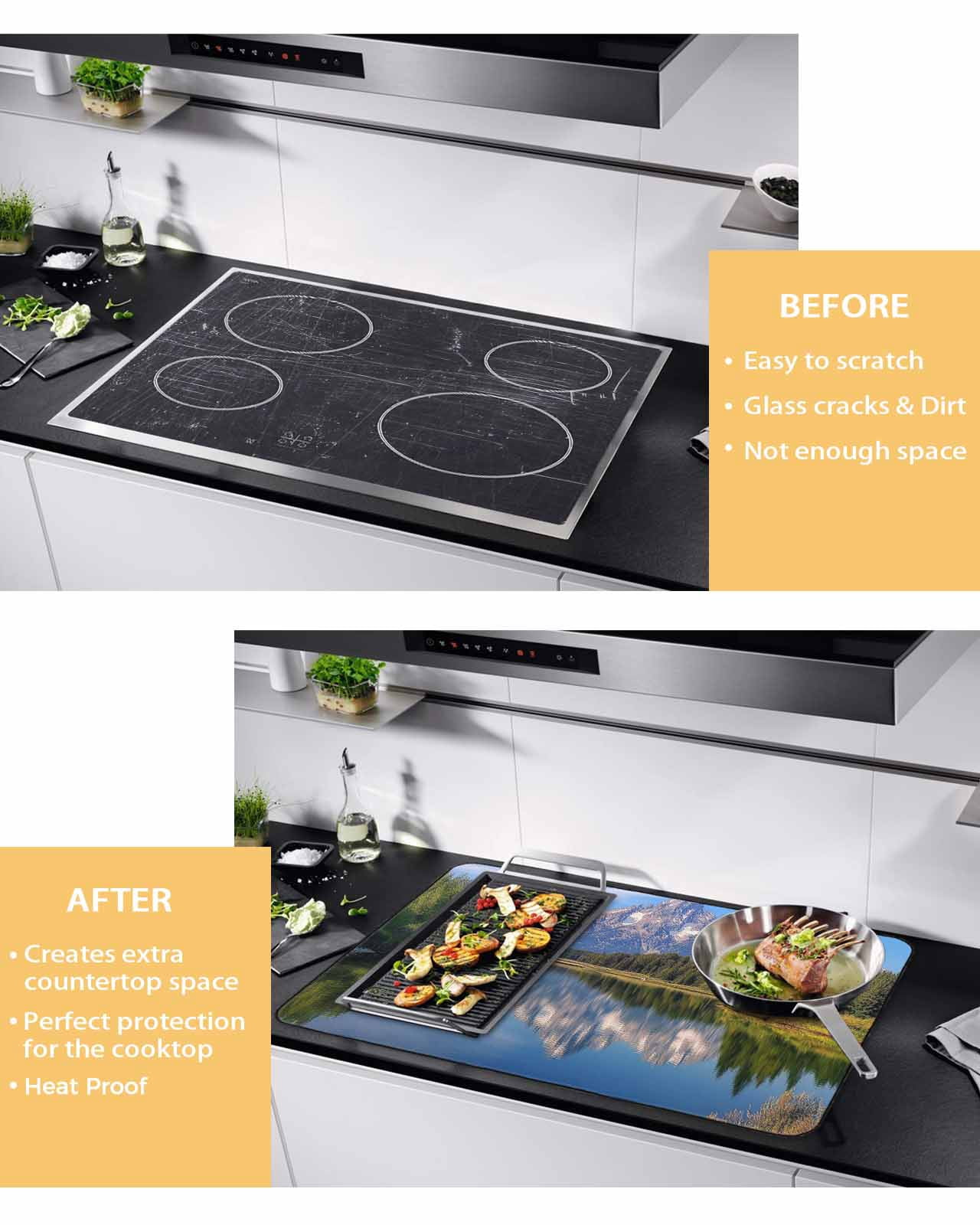 nqOlkjepod Large Induction Cooktop Protector Mat 24"x21", Blue Green Mountain Stove Top Covers for Electric Stove, Pastoral Modern Art Forest Stove Burner Cover Mats, Glass Top Stove Cover