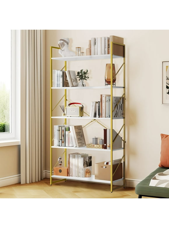 Dextrus 5 Tiers Bookshelf and Bookcase, Modern Wide Gold Bookcase, Open Storage Book Shelves for Living Room Bedroom, Gold