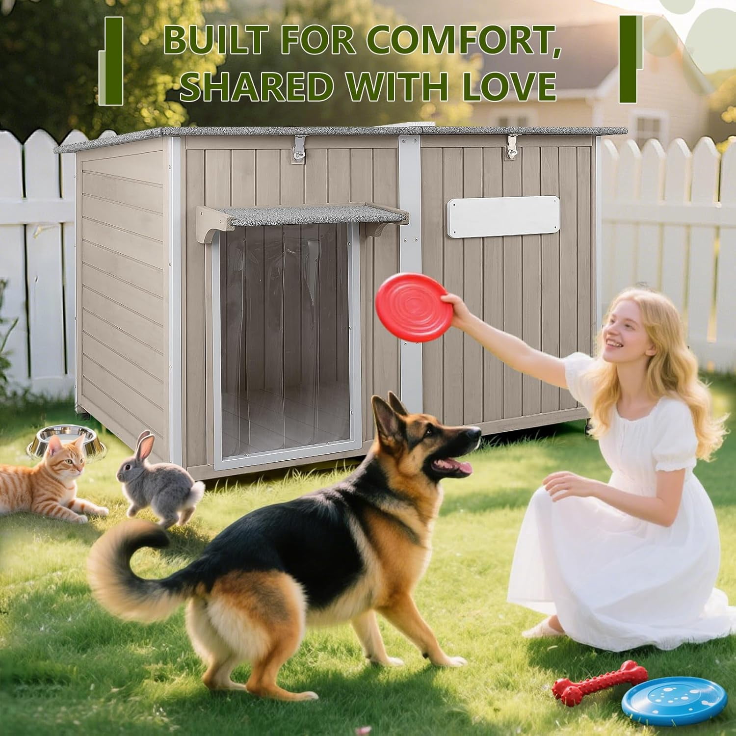 PETSCOSSET Large Dog House, Outdoor Wooden Dog Kennel with Removable Floor, Openable Roof  for Medium to Large Dogs, Gray