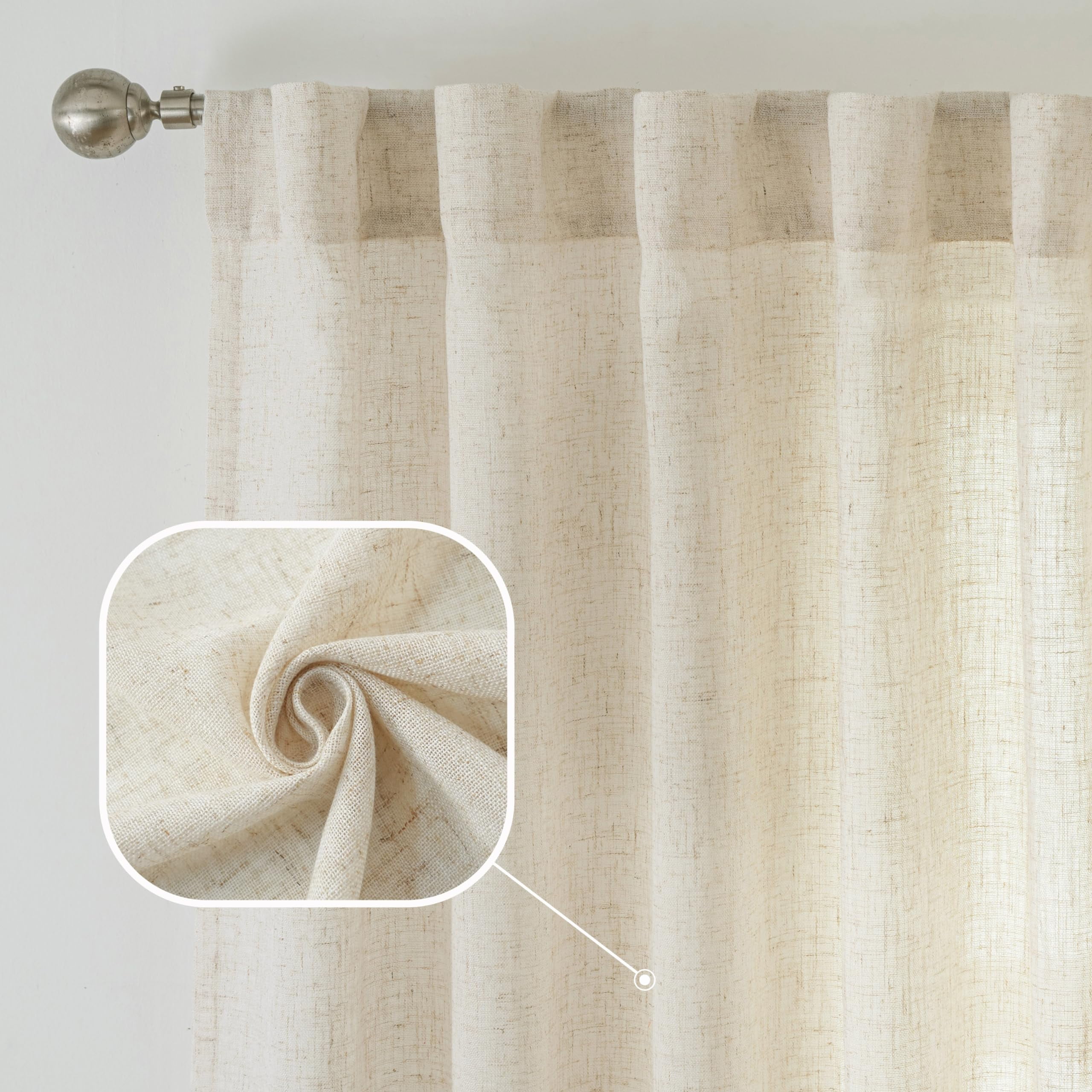 DriftAway Natural Linen Curtains 54 Inches Long for Living Room Semi Sheer 2 Panels Farmhouse Real Flax 3 Inch Rod Pocket Back Tab Boho Rustic Light Filtering Window Drapes for Bedroom