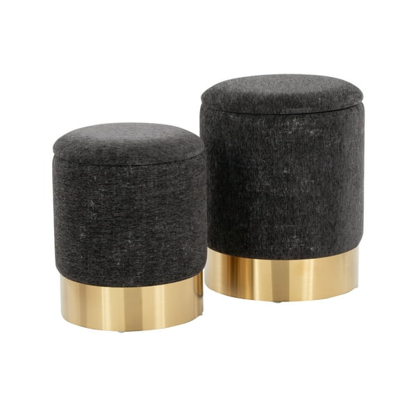 Marla Contemporary Nesting Ottoman Set in Gold & Black Fabric Compact Glam Storage by