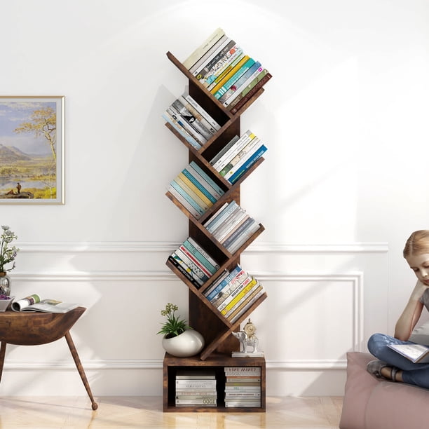 8 - tier de madera tree - shaped estante almacenamiento, floor - standing estante de libros niños y adults, utility organizer sala de estar, dormitorio, o oficina en casa, brown