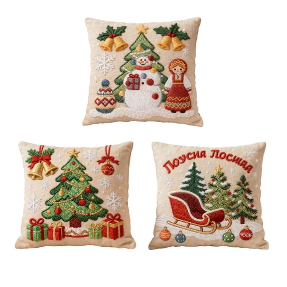 Cinvoph 18"x18" 3pcs Embroidered Christmas Throw Pillow Covers Linen Festive Xmas New Year Holiday Decorative Pillow Cases for Couch Sofa Bed Chair Living Room Winter Home Decoration