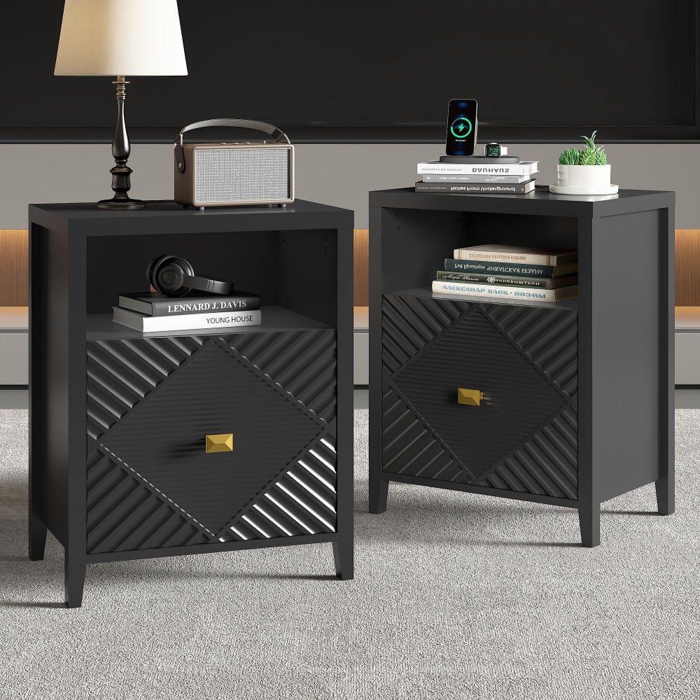 Nightstand with Charging Station, 2 USB Ports & 2 AC Outlets, 19" Modern Bedside Table with Storage Shelf and Cabinet, Black
