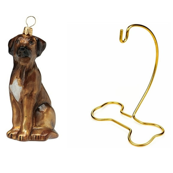 Rhodesian Ridgeback Glass Ornament And Dog Bone Shaped Brass Stand Set Of 2