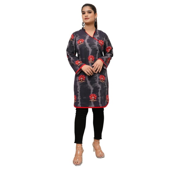 Indian Pakistani Short Kurti Tunic Tops - Printed Khaddar Fabric for Women - Office & Casual Wear, Modern Design, M-3XL
