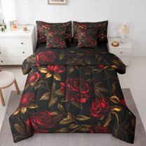 Homewish Red Rose 7-Piece Twin Bedding Sets For Teens Female Girls,Chic Flowers Bedding Comforter Set,Spring Garden Breathable Sheet Sets,Ultra Soft Home Decor,Reversible