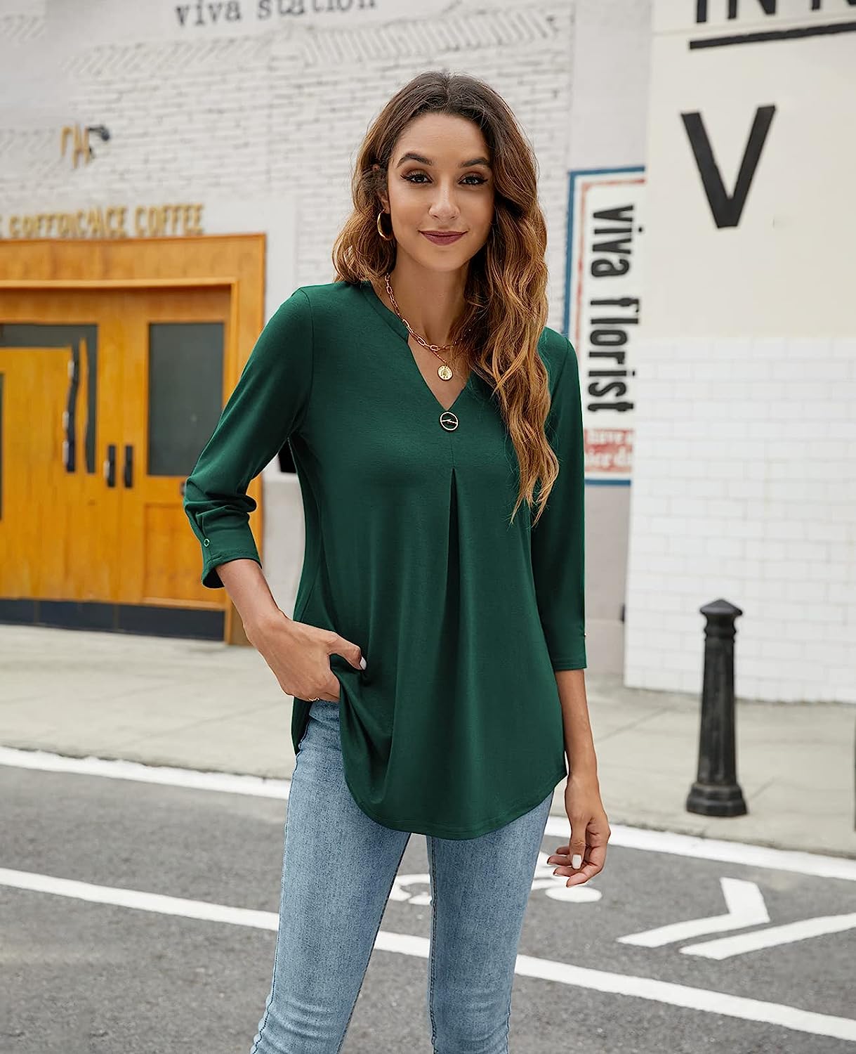 BESTSPR Womens V Neck 3/4 Sleeve Shirts Business Casual Tops Loose Work ...
