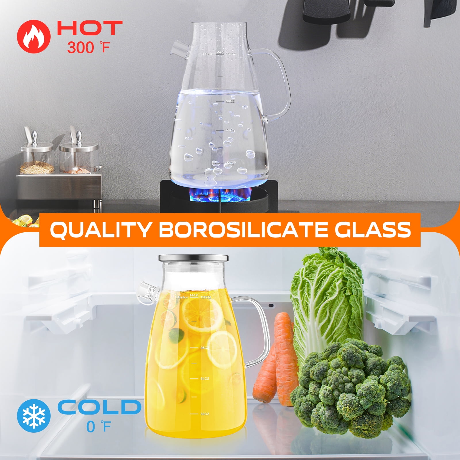 1 Gallon 128oz Glass Pitcher, Water Pitcher with Full Seal Lid and Spout, Glass Carafe for Hot/Cold Water, Large Jug for Juice and Homemade Beverage