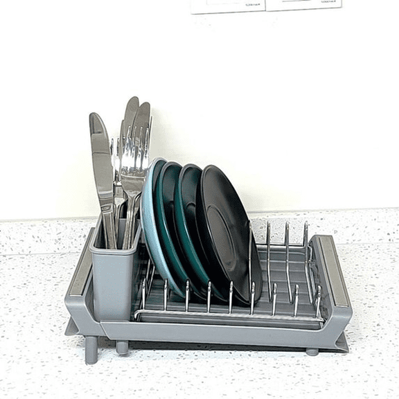 PLERISE Small Dish Drying Rack, Mini Expandable Compact Dish Drainer, Slim Extendable Stainless Steel Dish Rack for Kitchen Plate Storage, Gray