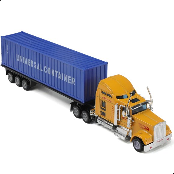 Nuotie Semi Truck Toy with Trailer, 1/64 Scale Kenworth W900 Diecast Model Trucks, Alloy Metal Semi Truck and Trailer Gifts for Boys Adult Model Car Collector (Yellow-Blue)