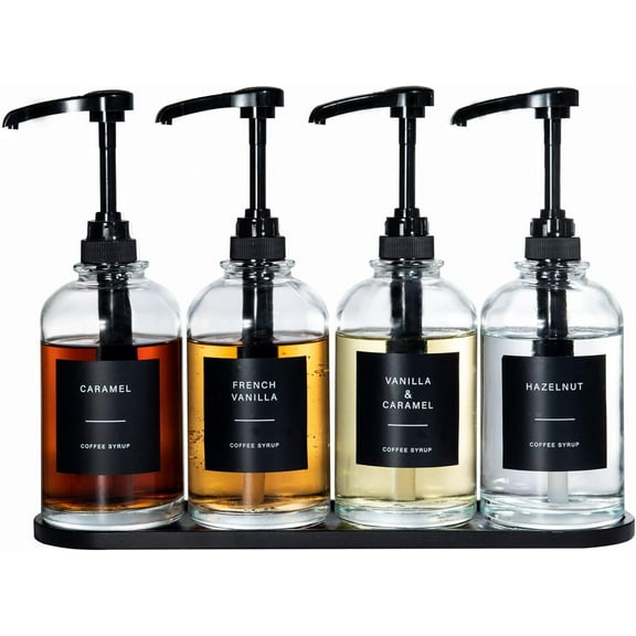 Coffee Syrup Dispenser - Glass Dispenser with 1/4oz Large Capacity Pump, Coffee Bar Organizer, Black, 16oz